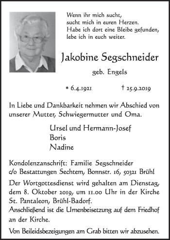 Anzeige von Jakobine  Segschneider von  Schlossbote/Werbekurier 