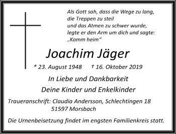 Anzeige von Joachim Jäger von  Lokalanzeiger 