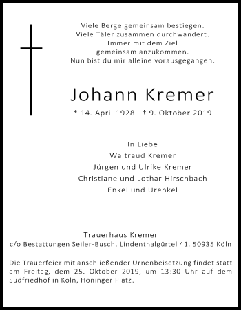 Anzeige von Johann Kremer von Kölner Stadt-Anzeiger / Kölnische Rundschau / Express