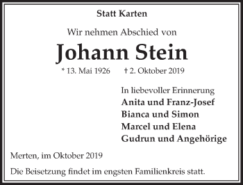 Anzeige von Johann Stein von  Schlossbote/Werbekurier 
