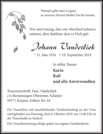 Anzeige von Johann Vanderliek von  Sonntags-Post 