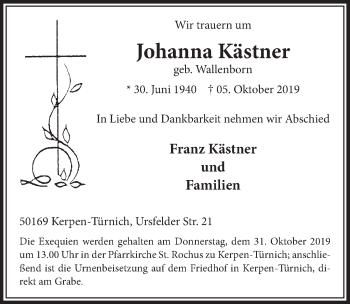 Anzeige von Johanna Kästner von  Sonntags-Post 