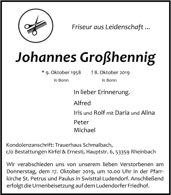 Anzeige von Johannes Großhennig von  Schaufenster/Blickpunkt 