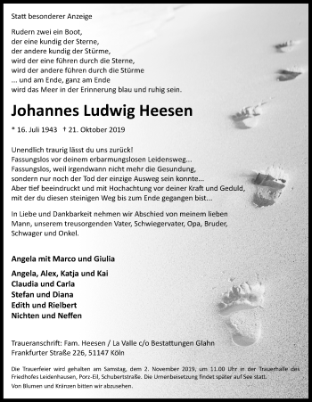 Anzeige von Johannes Ludwig Heesen von  Kölner Wochenspiegel 