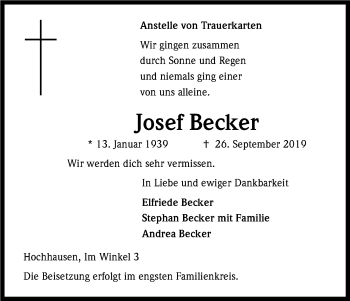 Anzeige von Josef Becker von Kölner Stadt-Anzeiger / Kölnische Rundschau / Express