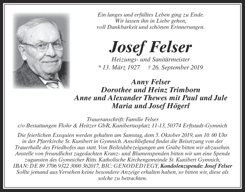 Traueranzeige für Josef Felser vom 02.10.2019 aus  Werbepost 
