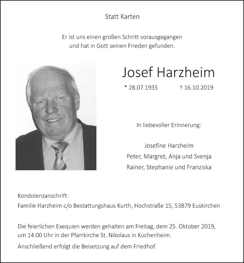  Traueranzeige für Josef Harzheim vom 19.10.2019 aus  Blickpunkt Euskirchen 