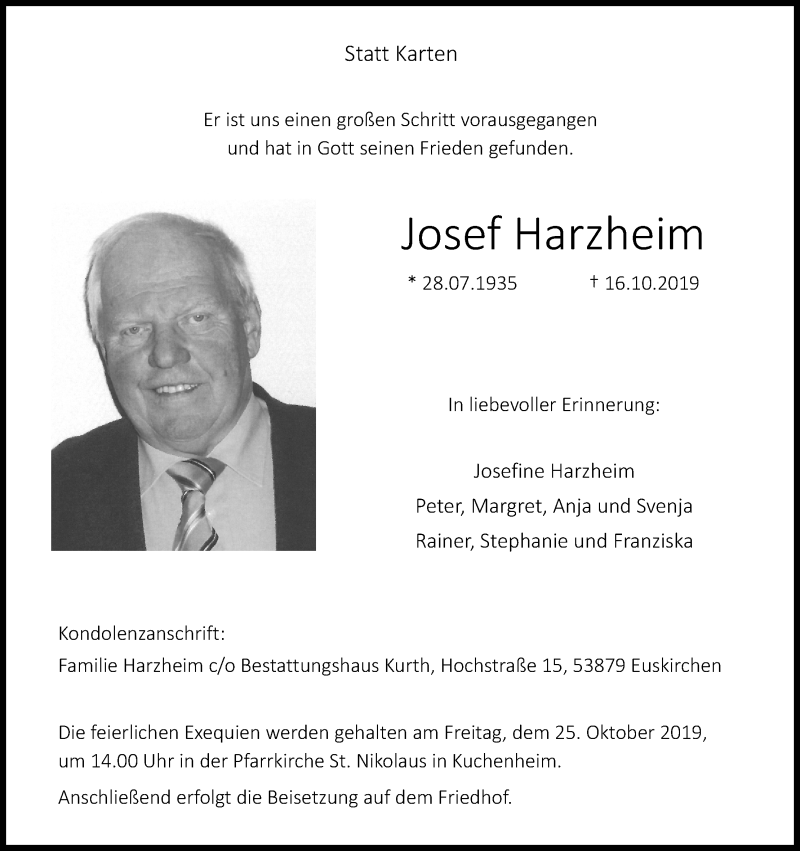  Traueranzeige für Josef Harzheim vom 19.10.2019 aus Kölner Stadt-Anzeiger / Kölnische Rundschau / Express