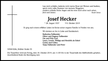 Anzeige von Josef Hecker von Kölner Stadt-Anzeiger / Kölnische Rundschau / Express