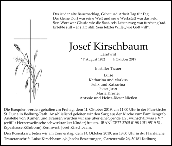 Anzeige von Josef Kirschbaum von Kölner Stadt-Anzeiger / Kölnische Rundschau / Express