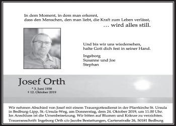 Anzeige von Josef Orth von  Sonntags-Post 