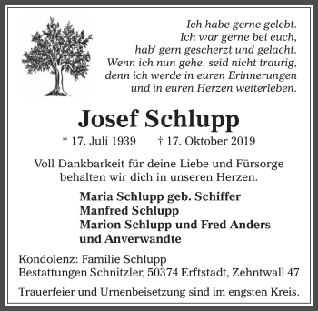 Anzeige von Josef Schlupp von  Werbepost 