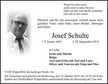 Anzeige von Josef Schulte von Kölner Stadt-Anzeiger / Kölnische Rundschau / Express