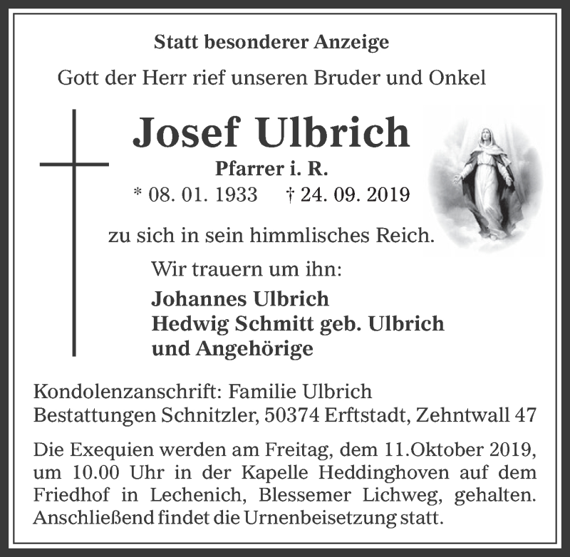  Traueranzeige für Josef Ulbrich vom 02.10.2019 aus  Werbepost 