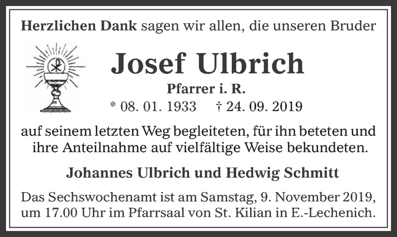  Traueranzeige für Josef Ulbrich vom 30.10.2019 aus  Werbepost 