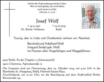 Anzeige von Josef Wolf von  Schlossbote/Werbekurier 