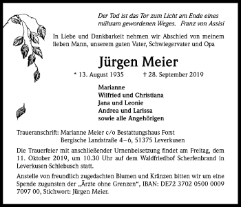 Anzeige von Jürgen Meier von Kölner Stadt-Anzeiger / Kölnische Rundschau / Express