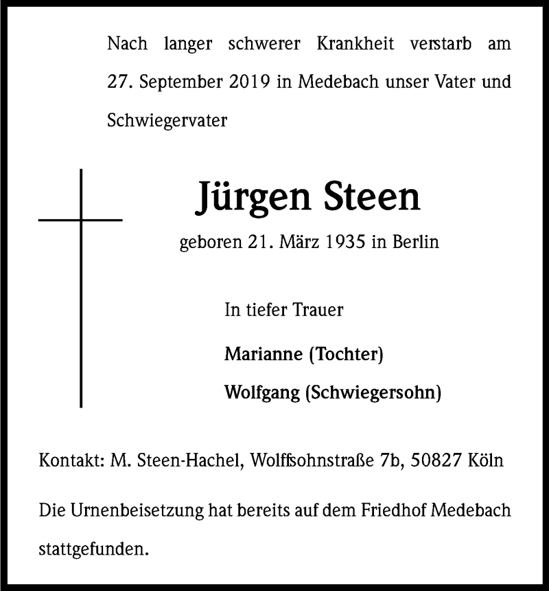  Traueranzeige für Jürgen Steen vom 19.10.2019 aus Kölner Stadt-Anzeiger / Kölnische Rundschau / Express
