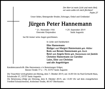 Anzeige von Jürgen Peter Hannemann von Kölner Stadt-Anzeiger / Kölnische Rundschau / Express