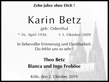 Anzeige von Karin Betz von Kölner Stadt-Anzeiger / Kölnische Rundschau / Express