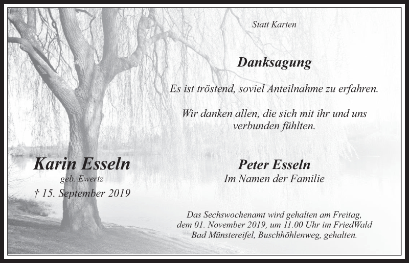  Traueranzeige für Karin Esseln vom 30.10.2019 aus  Werbepost 