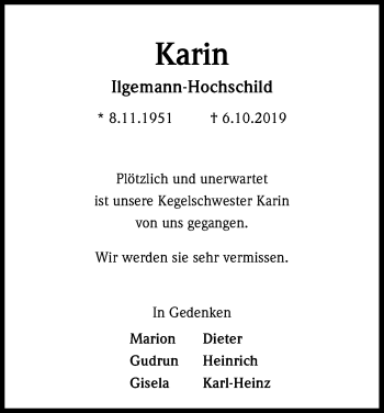 Anzeige von Karin Ilgemann-Hochschild von Kölner Stadt-Anzeiger / Kölnische Rundschau / Express