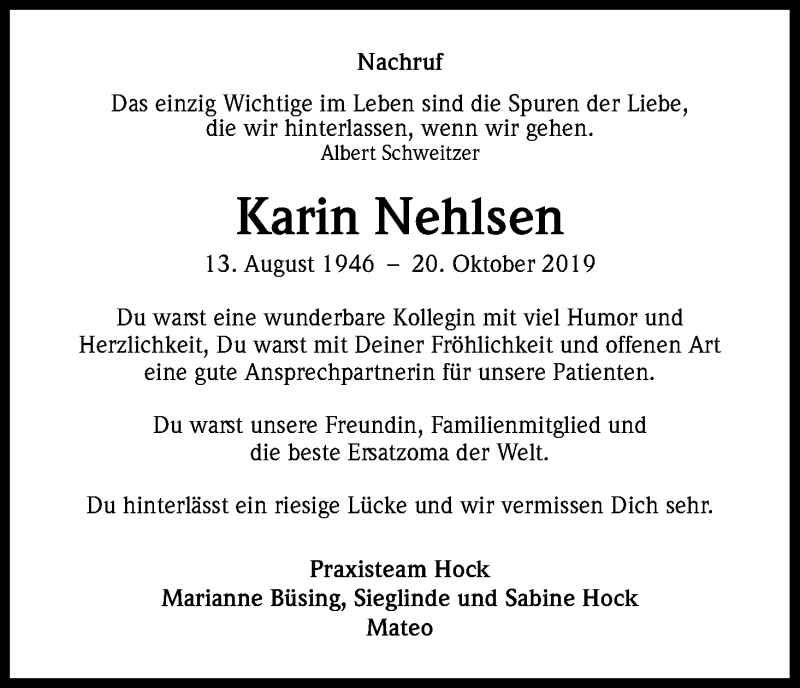  Traueranzeige für Karin Nehlsen vom 30.10.2019 aus Kölner Stadt-Anzeiger / Kölnische Rundschau / Express