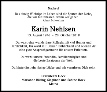 Anzeige von Karin Nehlsen von Kölner Stadt-Anzeiger / Kölnische Rundschau / Express