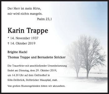 Anzeige von Karin Trappe von Kölner Stadt-Anzeiger / Kölnische Rundschau / Express