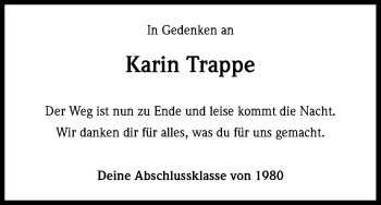Anzeige von Karin Trappe von Kölner Stadt-Anzeiger / Kölnische Rundschau / Express
