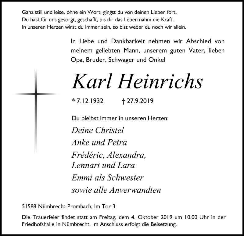  Traueranzeige für Karl Heinrichs vom 02.10.2019 aus  Lokalanzeiger 