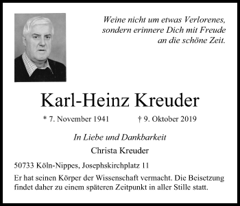 Anzeige von Karl-Heinz Kreuder von Kölner Stadt-Anzeiger / Kölnische Rundschau / Express