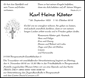 Anzeige von Karl-Heinz Köster von Kölner Stadt-Anzeiger / Kölnische Rundschau / Express
