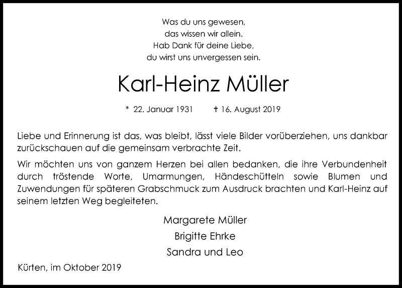  Traueranzeige für Karl-Heinz Müller vom 16.10.2019 aus  Bergisches Handelsblatt 