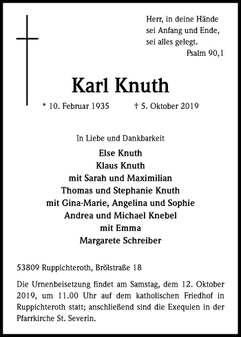 Anzeige von Karl Knuth von Kölner Stadt-Anzeiger / Kölnische Rundschau / Express
