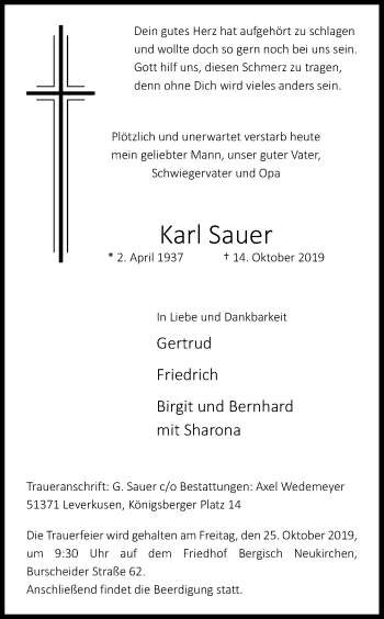 Anzeige von Karl Sauer von Kölner Stadt-Anzeiger / Kölnische Rundschau / Express