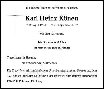 Anzeige von Karl Heinz Könen von Kölner Stadt-Anzeiger / Kölnische Rundschau / Express