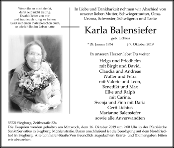 Anzeige von Karla Balensiefer von Kölner Stadt-Anzeiger / Kölnische Rundschau / Express
