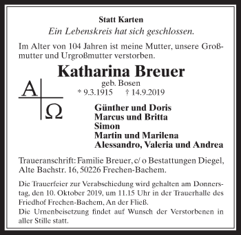 Anzeige von Katharina Breuer von  Wochenende 