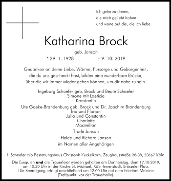 Anzeige von Katharina Brock von Kölner Stadt-Anzeiger / Kölnische Rundschau / Express