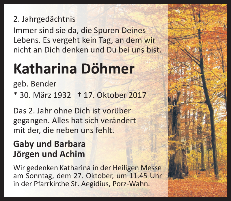  Traueranzeige für Katharina Döhmer vom 16.10.2019 aus  Kölner Wochenspiegel 