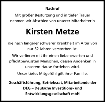 Anzeige von Kirsten Metze von Kölner Stadt-Anzeiger / Kölnische Rundschau / Express