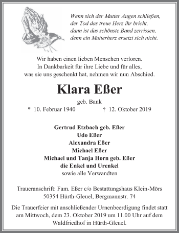 Anzeige von Klara Eßer von  Wochenende 