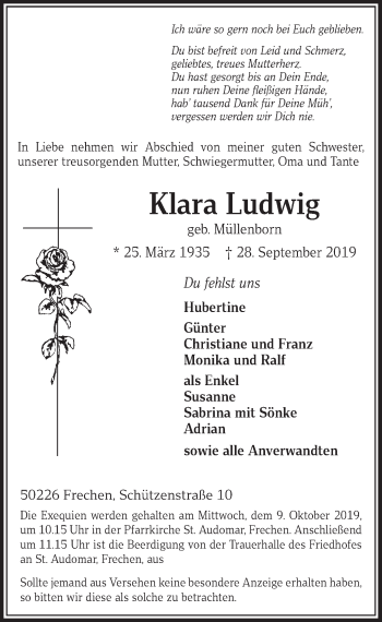 Anzeige von Klara Ludwig von  Sonntags-Post 