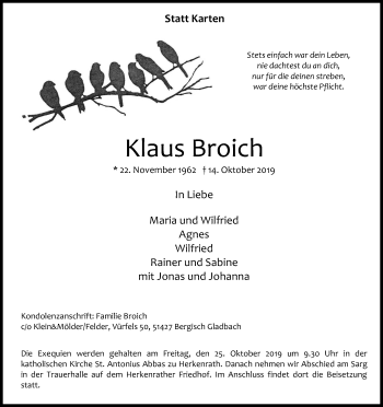 Anzeige von Klaus Broich von Kölner Stadt-Anzeiger / Kölnische Rundschau / Express