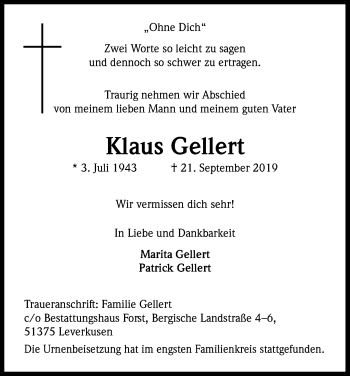 Anzeige von Klaus Gellert von Kölner Stadt-Anzeiger / Kölnische Rundschau / Express