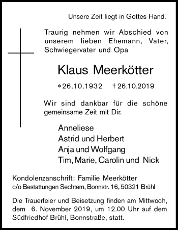 Anzeige von Klaus Meerkötter von Kölner Stadt-Anzeiger / Kölnische Rundschau / Express