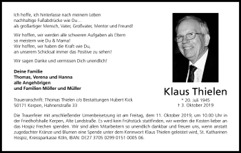 Anzeige von Klaus Thielen von Kölner Stadt-Anzeiger / Kölnische Rundschau / Express