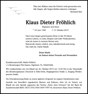 Anzeige von Klaus Dieter Fröhlich von Kölner Stadt-Anzeiger / Kölnische Rundschau / Express