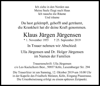 Anzeige von Klaus Jürgen Jürgensen von Kölner Stadt-Anzeiger / Kölnische Rundschau / Express